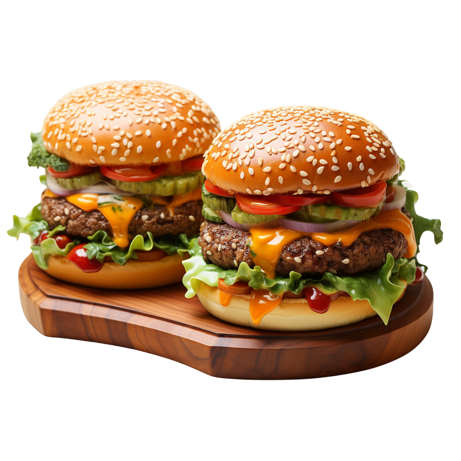 Two veggie burgers on a wooden board