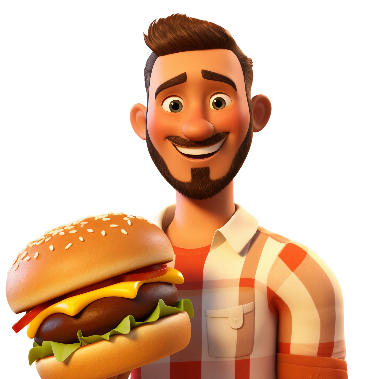 Smiling cartoon chef holding a burger